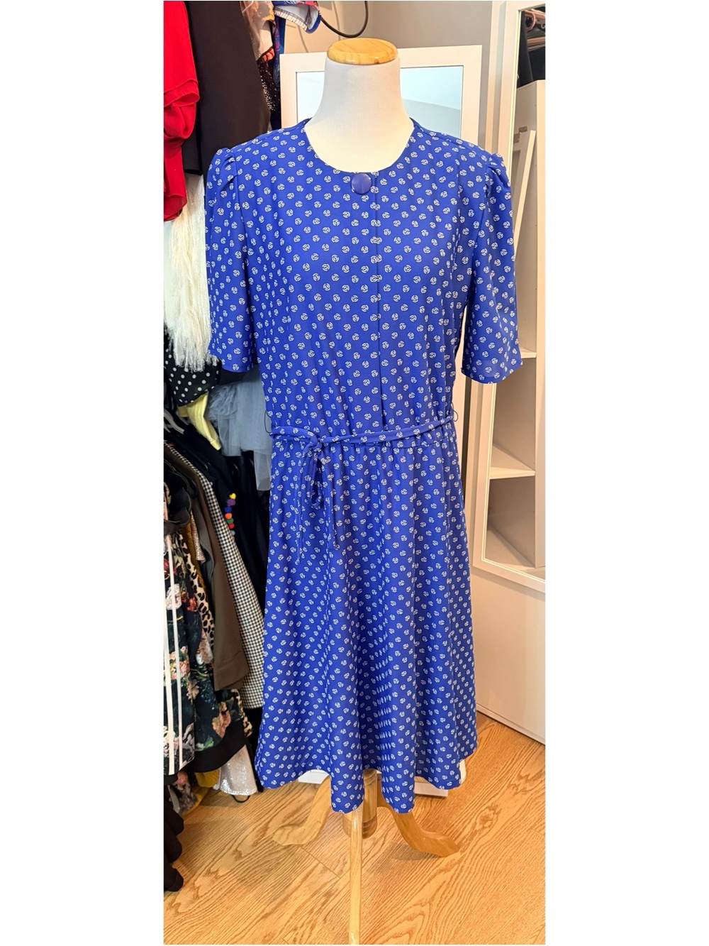 Vintage 80s Marla R Ltd Blue Geometric Swirl Midi Dress with Belt Size Large